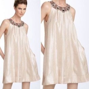 Alexia Admor Women size S Off White Jeweled Collar Trapeze Dress Shimmer Finish